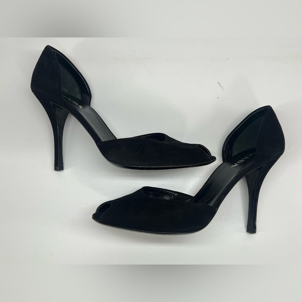 Prada black suede peeptoe stiletto pumps D’Orsay style size 39 US 9 Nine 4” heel - Picture 4 of 10